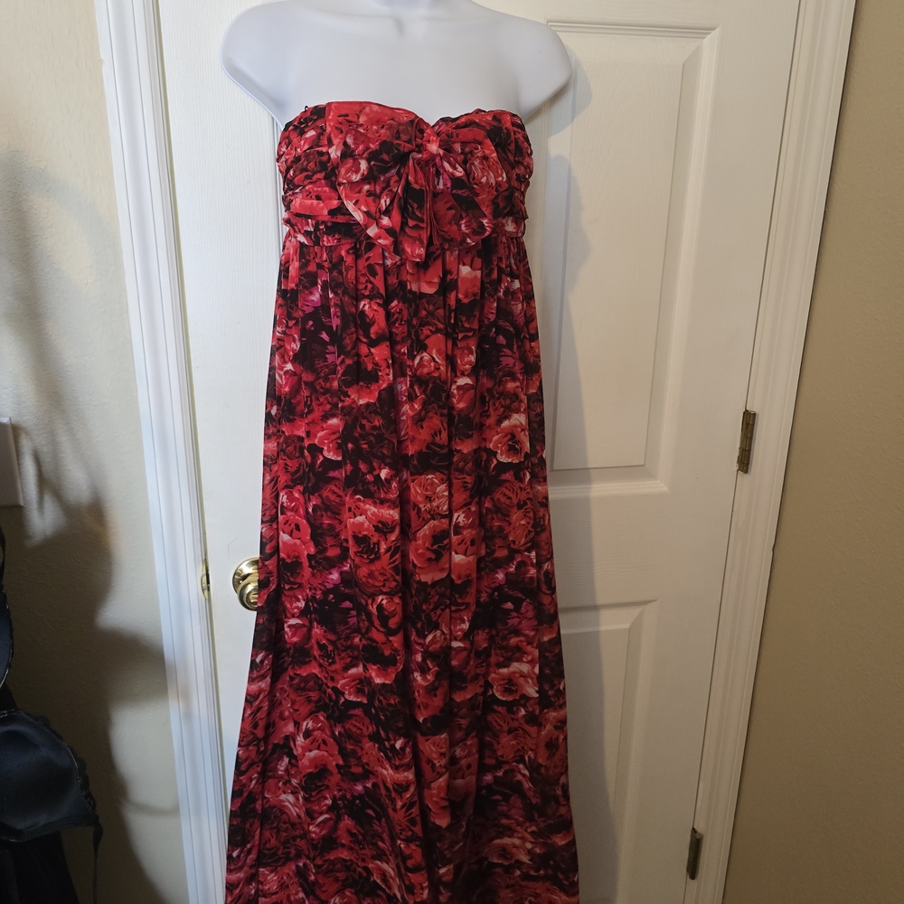 Red Floral Strapless Maxi Dress